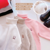 Girls base sweater 2021 Winter Dress new childrens middle-aged children plus velvet warm solid color high collar pullover base shirt