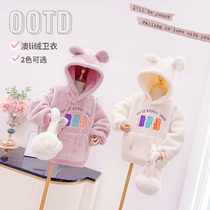 Girls color hat rope sweater 2021 Winter wear new big children plus velvet padded Korean version of Joker hooded top