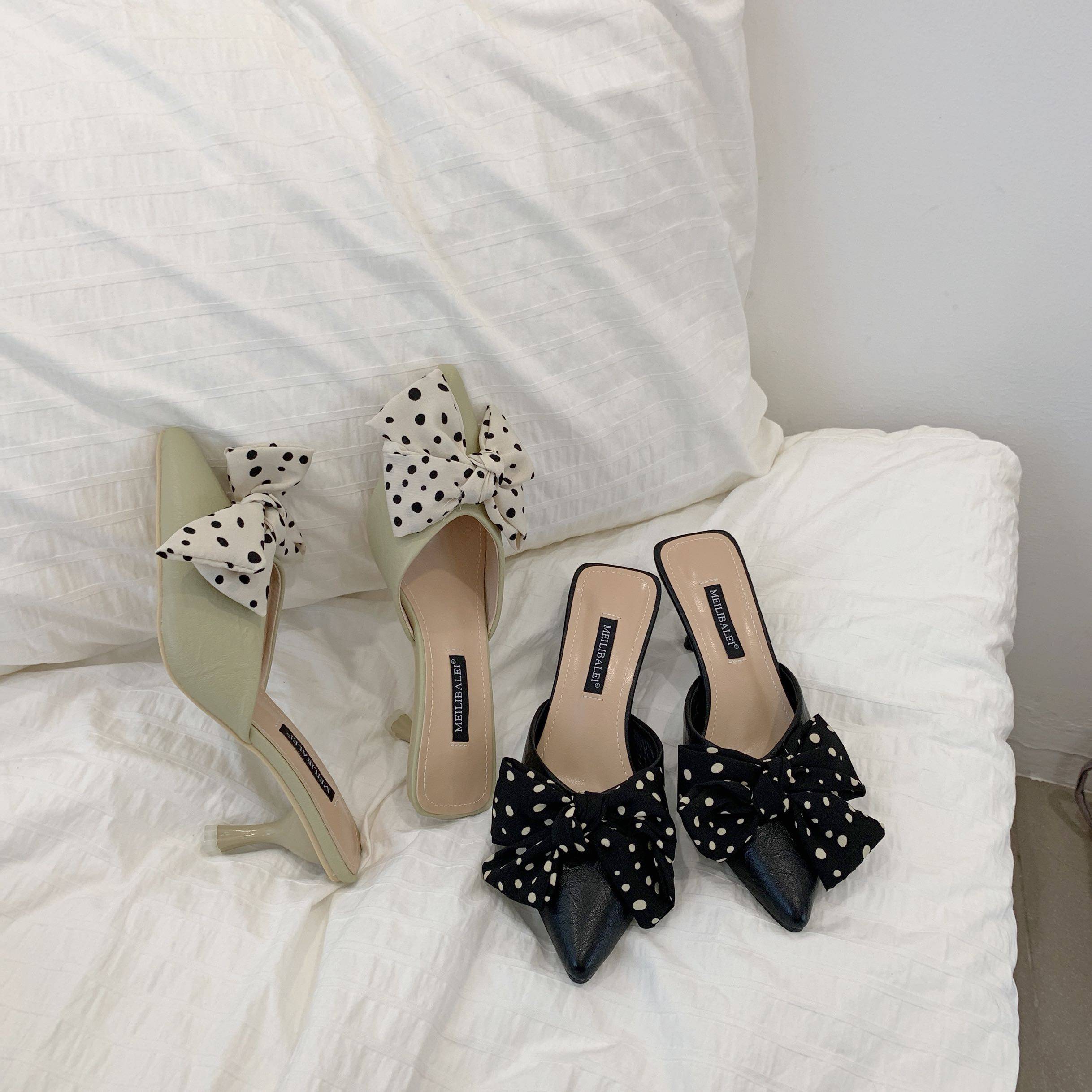 实拍 女鞋2019新款夏季时尚百搭网红潮尖头圆点蝴蝶结仙女高跟