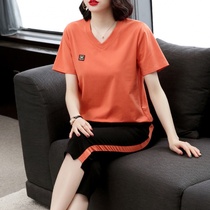 Pure Cotton Sports Suit Women Casual Summer Moms Dress 2021 Han Version Loose Big Code Sports Seven Pants Two Sets