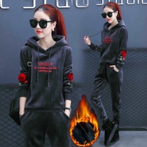 Square Dance Gold Velvet Sports Suit Women Autumn Winter 2021 New Plus Suede Thickened Acrosse Leisure and hat Two sets