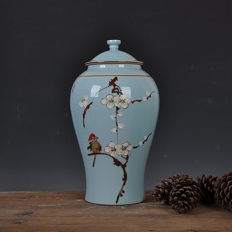 Jingdezhen ceramic vase hand - made salted and dried name plum storage tank household decorative arts and crafts porcelain sitting room porch place