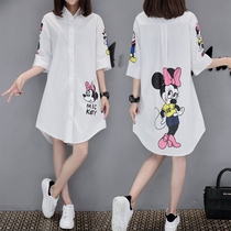Special plus size womens fat mm Korean version of thin loose casual long cartoon shirt dress 200 Jin tide