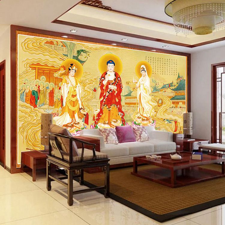 西方三圣壁画寺庙佛堂佛像菩萨墙纸佛教背景墙壁纸释迦牟尼佛墙布