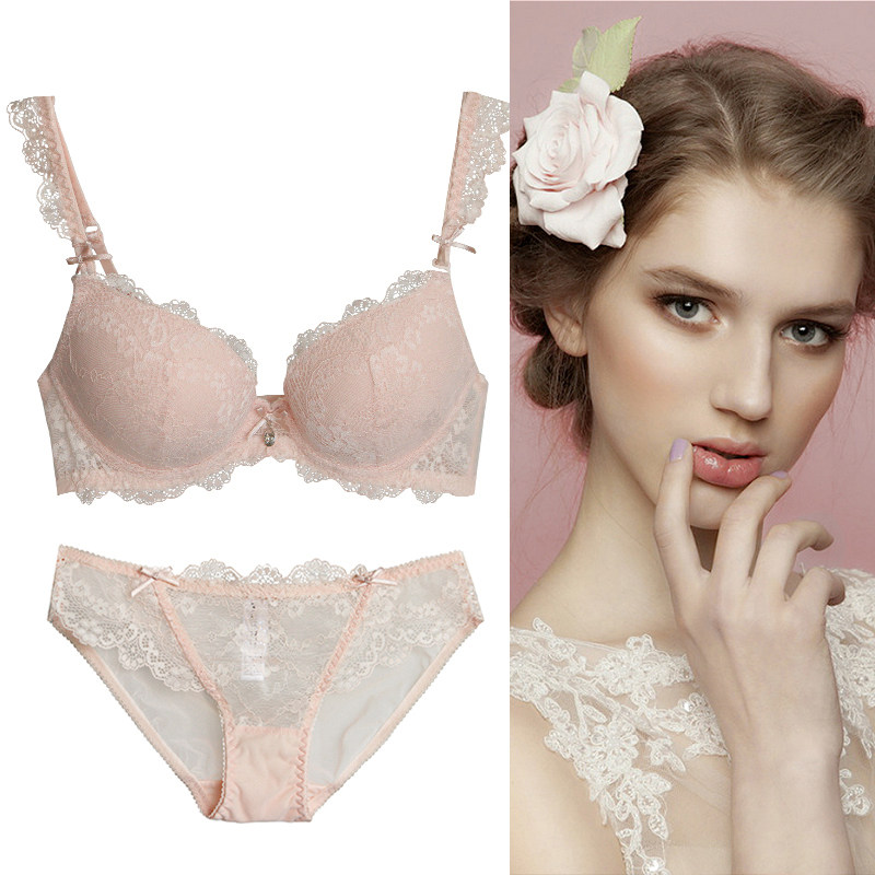 内衣女聚拢 性感聚拢少女蕾丝文胸内衣套装女夏小胸薄款大码胸罩_7折