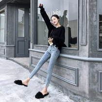 High-waisted jeans women 2021 spring and summer new slim high slim slim side open fork pants small man nine-point tide