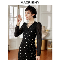 MAXRIENY 2020 winter new retro V-neck polka DOT bubble sleeve high waist ruffle mid-length dress female