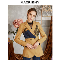 MAXRIENY 2020 autumn new suit collar embroidered long-sleeved wild slim retro temperament check coat female