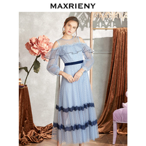 MAXRIENY 2020 autumn new retro strapless one-piece collar princess long dress temperament wave dot mesh dress