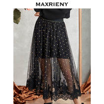 MAXRIENY 2020 autumn new natural waist lace skirt vintage bronzing polka dot mesh small black dress