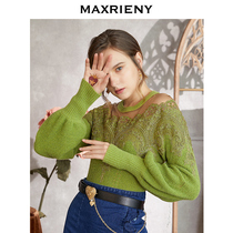 MAXRIENY 2020 autumn new pullover word shoulder mesh stitching top loose lantern sleeve sweater women