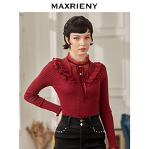 MAXRIENY 2020 winter new vintage solid color burgundy long-sleeved ruffle collar slim pullover knitted sweater women