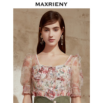 MAXRIENY floral chiffon shirt 2021 summer new women bubble sleeve top Western style short-sleeved printed shirt