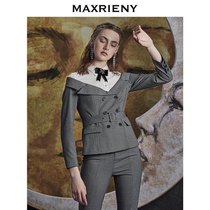MAXRIENY fashion personality shirt stitching plaid blazer waist double-breasted top female