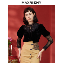 MAXRIENY 2020 autumn new lace-up small stand-up collar black light luxury vintage velvet bubble sleeve mesh top
