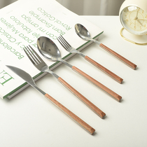 Beauty Blue Ceramic Korea Ins Wind Net Red Imitation Wood Handle Stainless Steel Knife Fork Spoon Western Dining Knife Fork Sweet Spoonful Spoon Fruit Fork