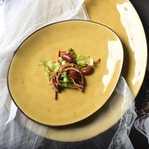Yellow ice cracked glaze irregular special-shaped plate salad plate ins Net red creative ceramic tableware steak plate defects