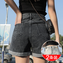 Smoke Grey Denim Shorts Womens Summer Thin 2022 New High Waist Display Slim A Character Loose wide leg hot pants Chains