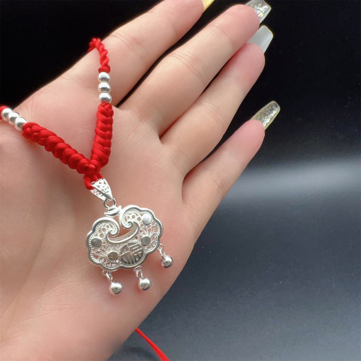 s999长命锁平安锁红绳黑绳编织款足银纯银