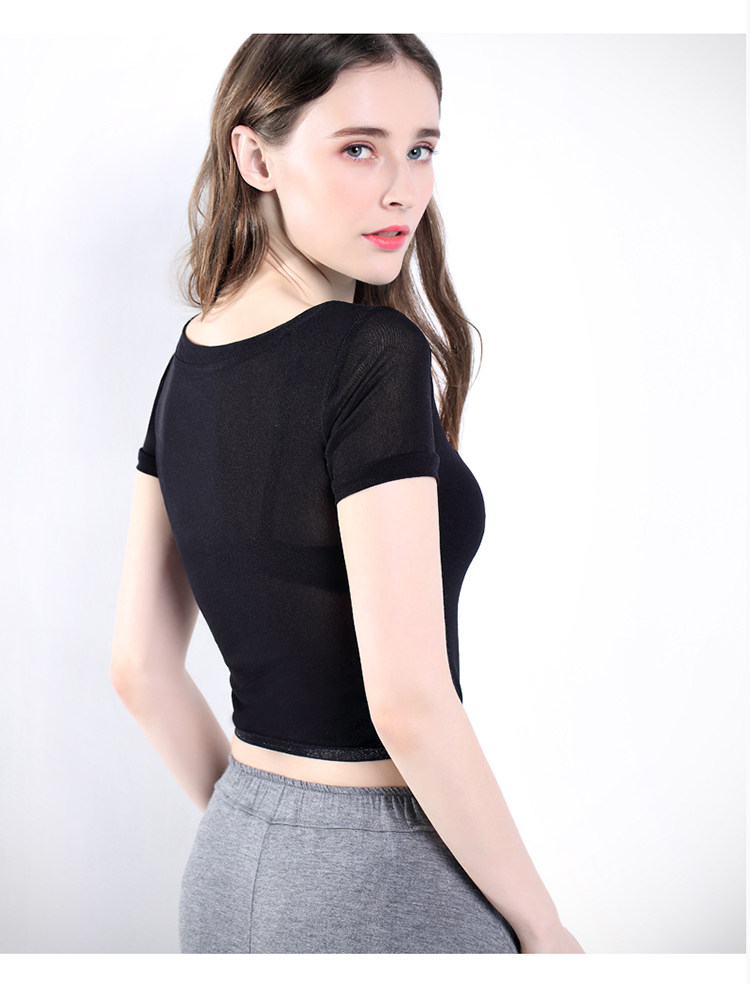 网纱半截t恤女蕾丝露脐纱衣短袖性感修身衫女常规紧身内搭上衣薄