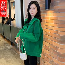 Navy collar short coat female spring autumn 2022 new Korean version loose green minus-age denim jacket 100 lap for leisure