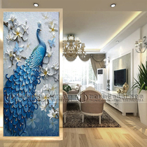 Art glass porch partition screen Jane Europe living room TV background wall 3D carved three-dimensional effect Blue Peacock