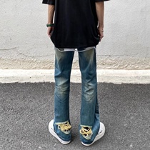Non-tides Near High Street American vibe retro nostalgic and old washed Hole Jeans Male loose hip hop Breeze Pants
