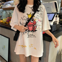 College Wind Cartoon Short Sleeve Printed T-Shirt Schoolgirl Mid-Length Relaxation Small Freshener Ensemble Sweet and Dress Summer