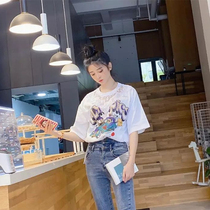 Short Sleeve Big Code T-Shirt Woman Mid-Length Loose Blouse Summer Clothes Ins Nets Red Super Fire Lace Splicing Half Sleeve Compassionate Tide