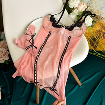 Honey peach neon dress sweet lace Lady nightgown deep V suspender steel ring short body slim pajamas female summer