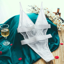 Foreign trade original single to pick up leakage sexy breathable mesh beauty body clothes solid color base wear large hollow deep V jumpsuit