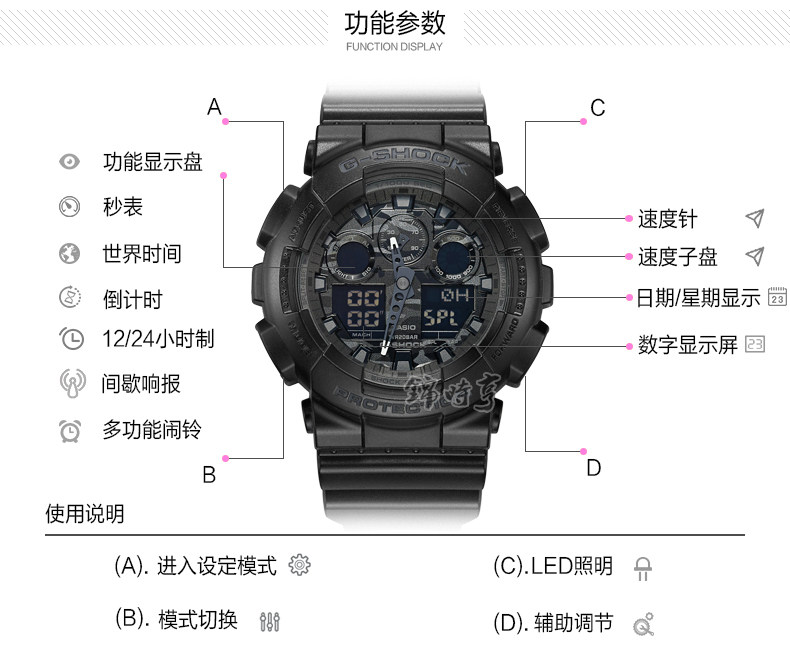 香港直邮casio卡西欧手表男g-shock黑武士迷彩运动电子表ga-100cf