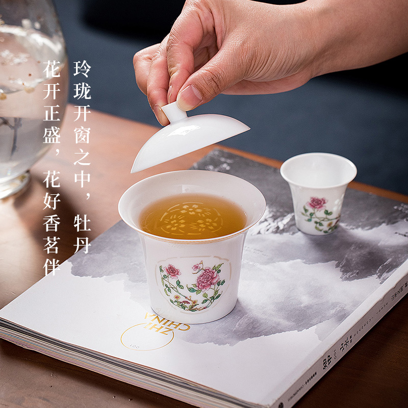 Jade cypress jingdezhen ceramic tea set tureen white porcelain cup body painting flowers pattern with the filter