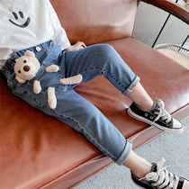 Girls hang bear jeans spring and autumn 2021 new foreign style childrens trousers childrens spring baby pants wear outside