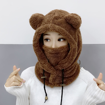 Korean children plus velvet hat scarf one female winter cotton hat outdoor riding electric car ear protection warm hat