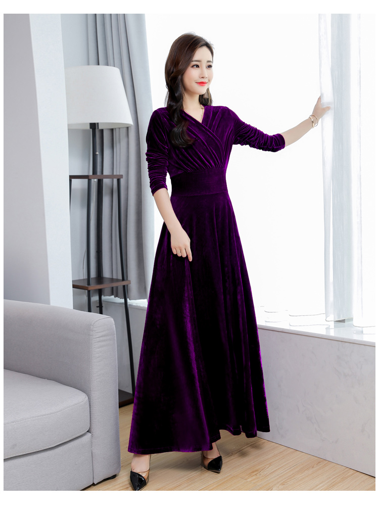 春秋冬金丝绒连衣裙女中老年新款修身长袖大摆晚礼服中长款打底裙