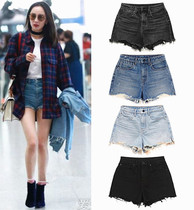 New 2020 Summer with the same Yang Mi denim shorts female Korean version of high waist broken hole fur thin wild legs hot pants