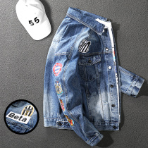 Handsome Micro Chapter Embroidery Spring Autumn Season Denim Jacket Male Tide Card Function Jacket Han Version Tide Locomotive Big Code Blouse