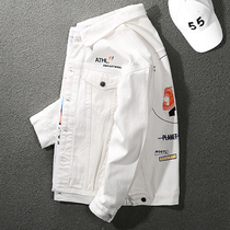 Handsome Spring Autumn New Body White Denim Jacket Male Printed Embroidered Korean Version Trend Jacket Mandarin Jacket Male