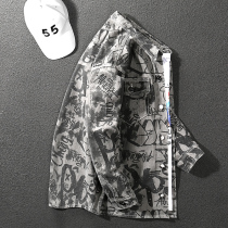 Handsome full-body dark tattoo spring autumn denim jacket male retro loose casual clothing locomotive big code jacket blouses