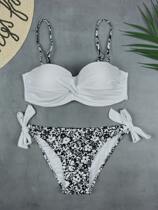 White bandeau floral lace-up steel support pregnant woman big chest bikini triangle sexy bikini swimsuit swimsuit new