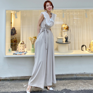 Korean style high end wide leg Jumpsuit with lace up lapel and waistband