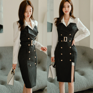 7316 fall / winter 2020 new Korean style slim fit suit collar stitching double breasted striped professional dress