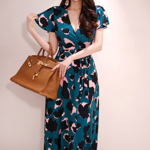 Korean style V-neck lace up waist fashionable retro Printed Dress dress for women