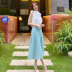 Two piece style neck tie top lace skirt suit for women