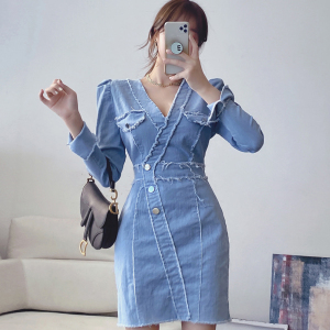 Korean high-end temperament V-neck slim long sleeve fashion denim skirt with hip bag and thin dress