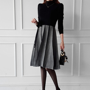 Autumn and winter Korean style lace up waist knitting stitching large swing skirt sweater dress