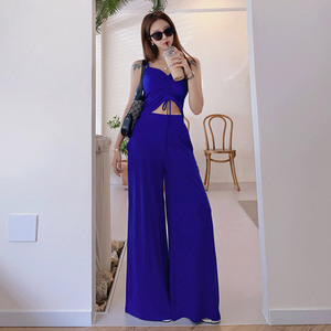 Summer and Korean slim drawstring suspender top knitted casual Wide Leg Pants Set