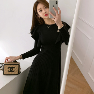 Autumn and winter Korean style mid long Ruffle hem waist knitted sweater dress