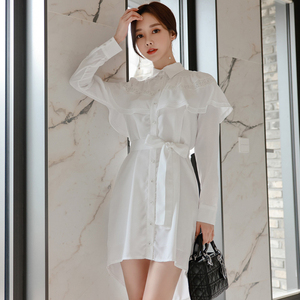 7339 autumn 2020 new Korean style style stitching Ruffle lace up waist shirt skirt fashion dress